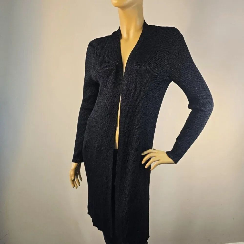 Vince Camuto Womens Rib Knit Open Front Cardigan Black Metallic Shimmer Size M